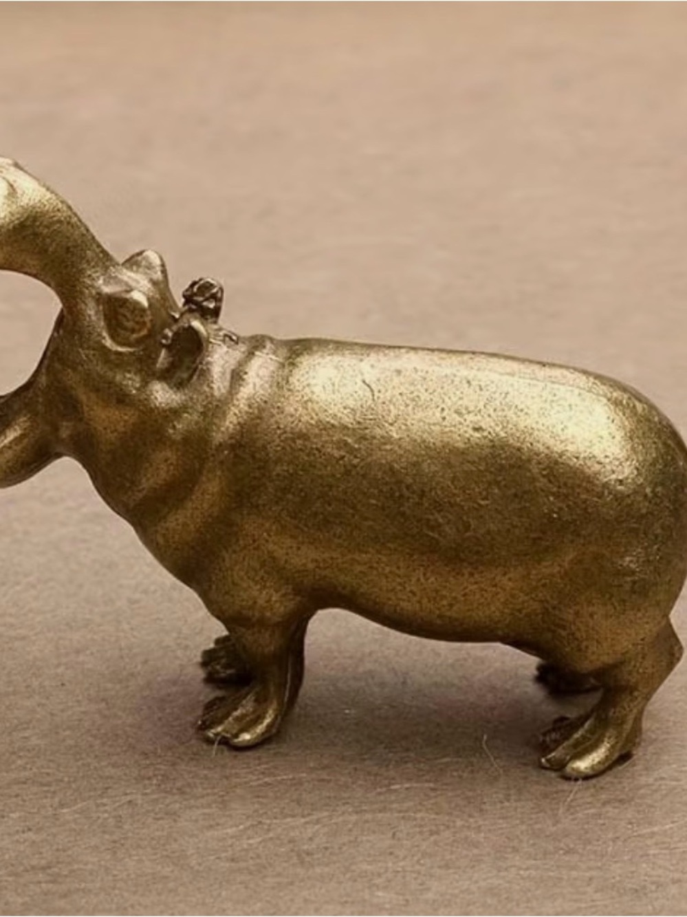 Set of 2 Vintage Brass Hippo Figurine Miniature Solid Bronze Hippopotamus Statue